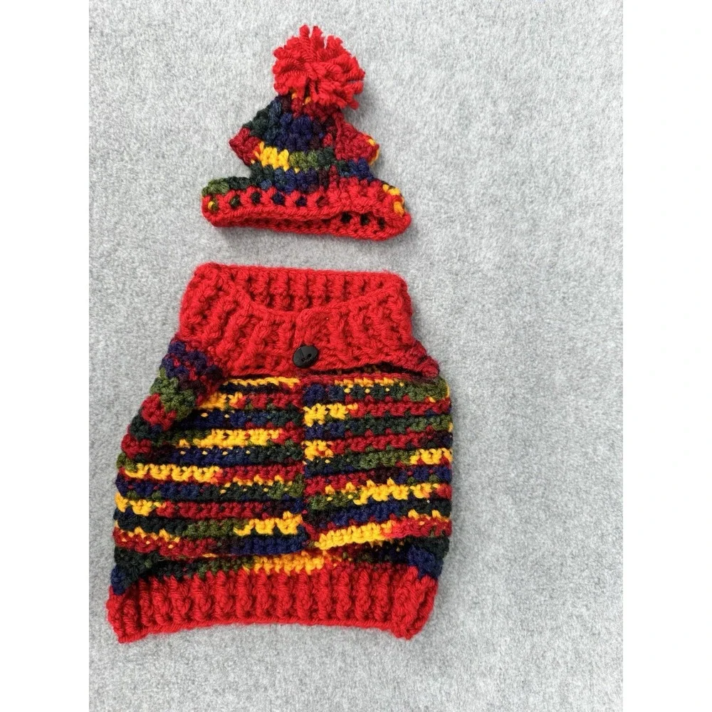 Dog Sweater & Hat Set XS/S Red Multicolor Variegated Hand Crocheted